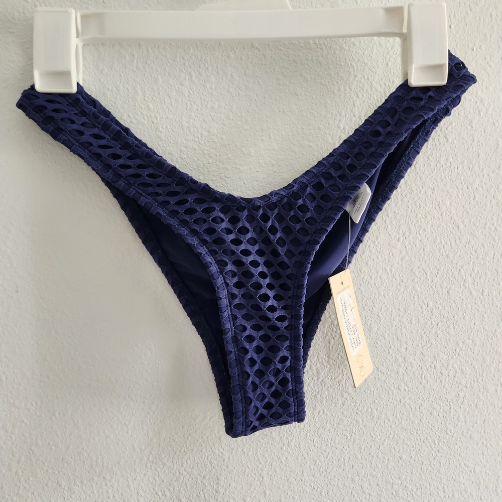 Ris-K Swim Navy Blue Fishnet Mesh High Cut V-Front Bikini Bottom Small NWT